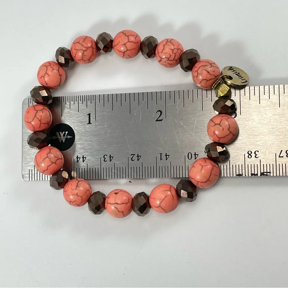 Erimish Coral Pink Crackle Round Brown Faceted Beaded Stretch Bracelet